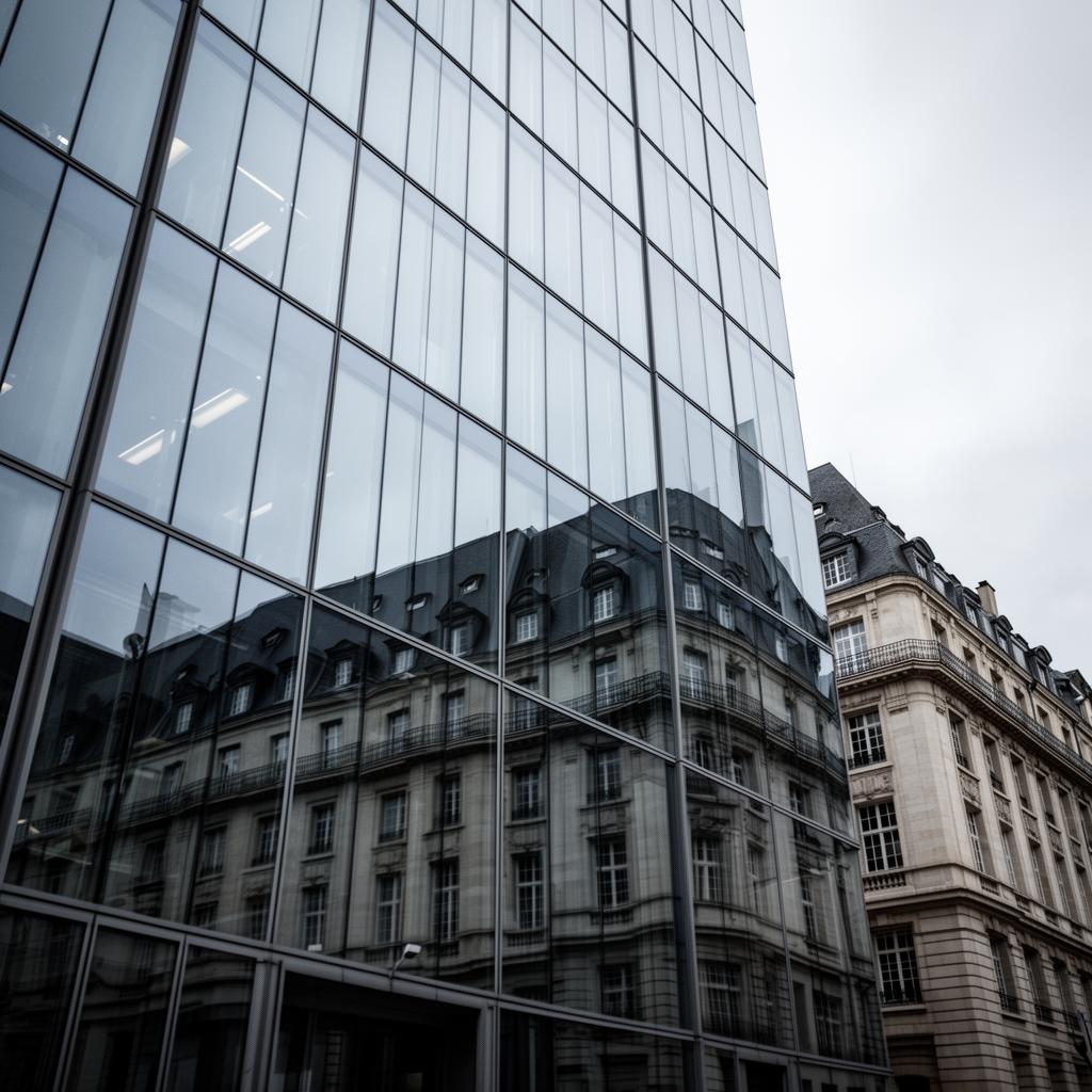 Quartier financier de Luxembourg, façade en verre reflétant l'architecture haussmannienne